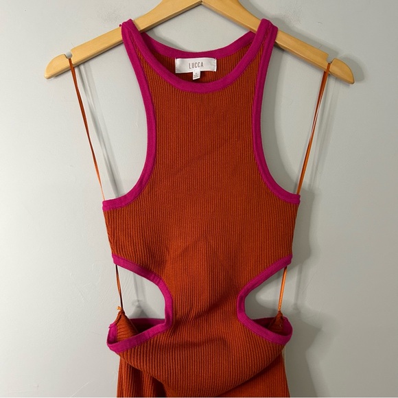 NWT Lucca Alexandra Orange and Pink Cut-Out Ribbed Midi Dress - Picture 3 of 8